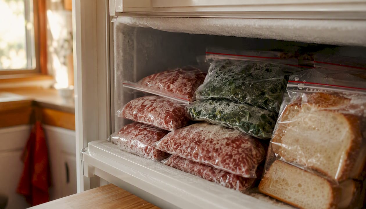 Portioned frozen ingredients in a home freezer