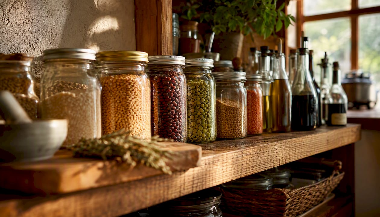 Rustic pantry shelf stocked with kitchen essentials
