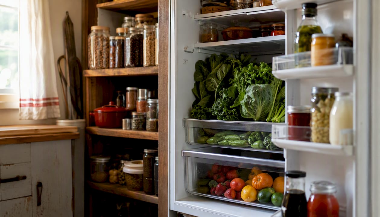 Organized fridge drawers with produce