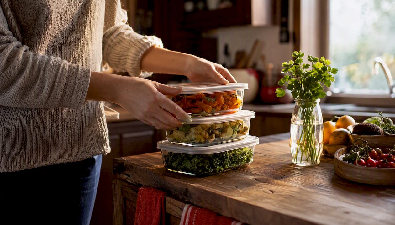 Hands placing labeled containers in fridge