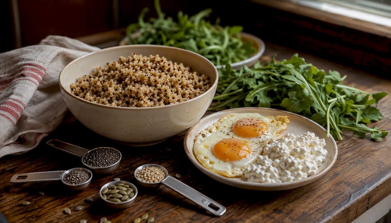Protein-rich PCOS-friendly foods on rustic table