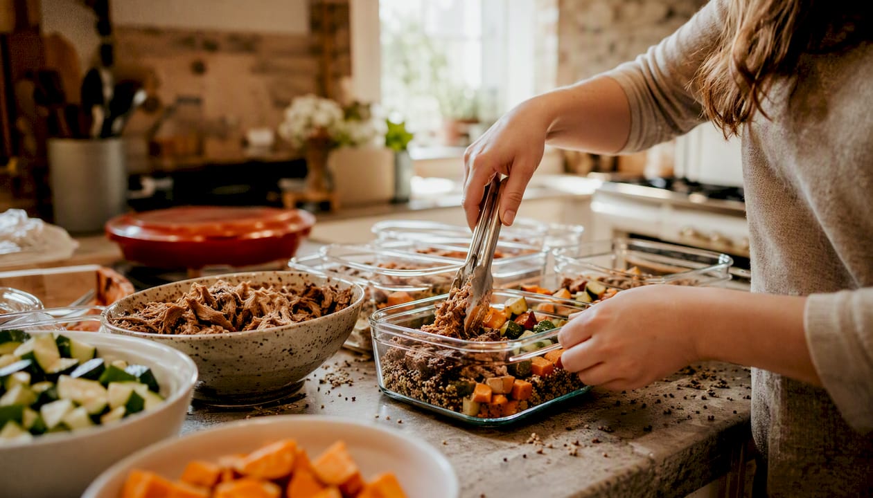 Hands packing homemade batch-cooked freezer meals