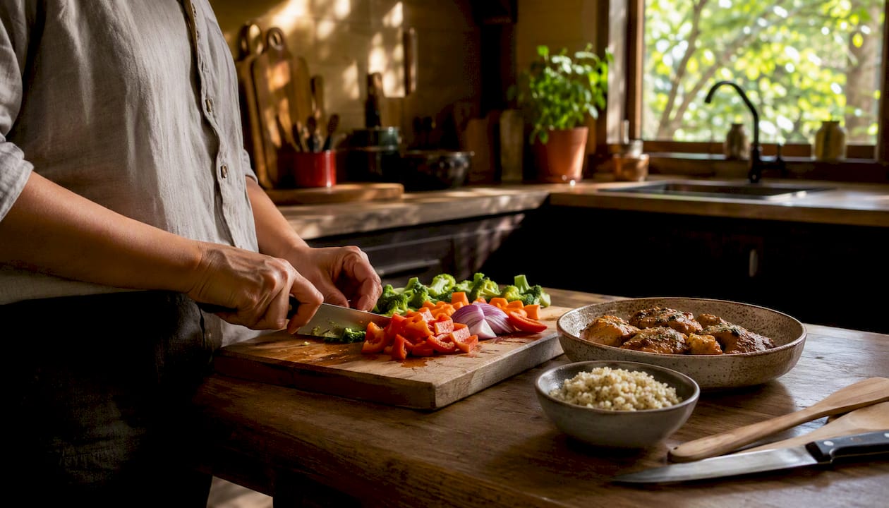 Hands chopping vegetables during Sunday meal prep