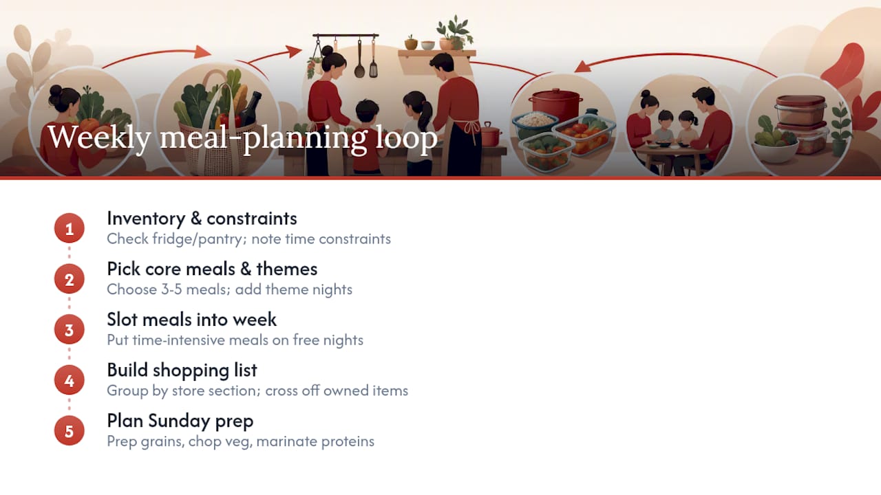 Diagram of family meal planning five-step process