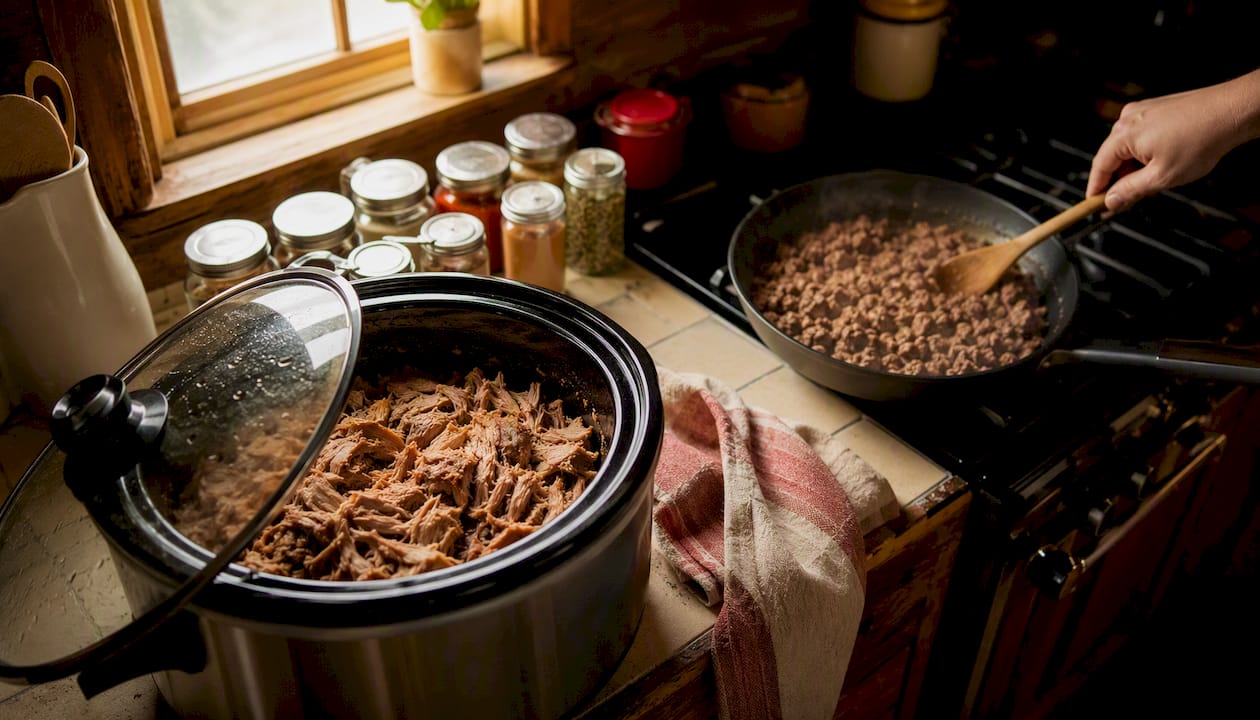 Ground beef browning and pulled pork in slow cooker