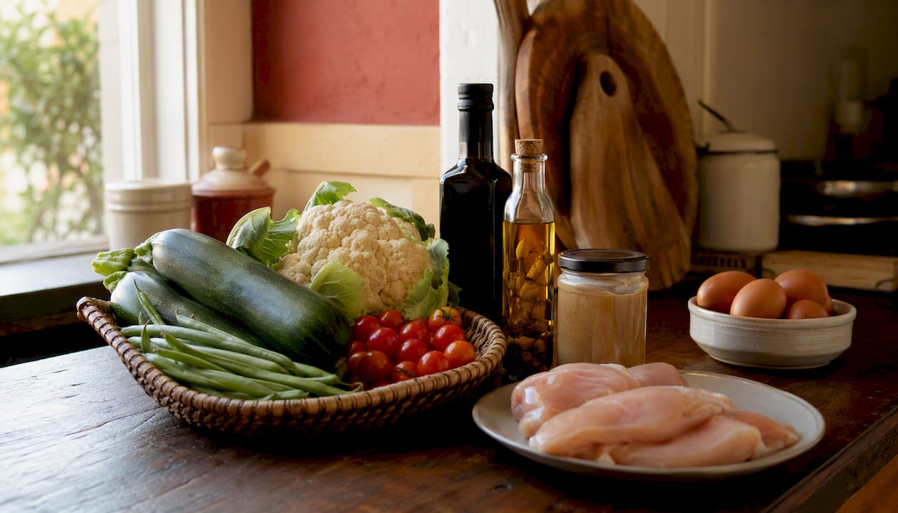 Organized Whole30 grocery items on kitchen counter