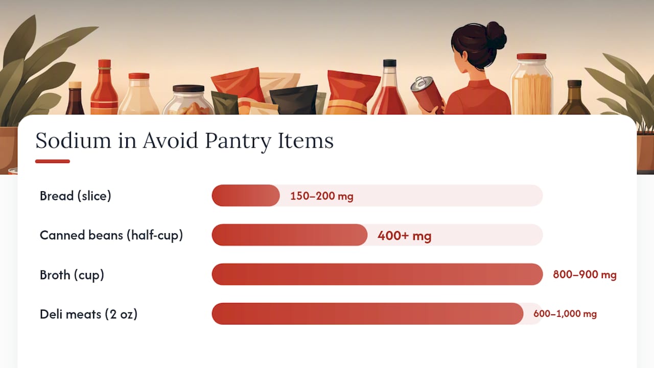 Diagram comparing low sodium pantry items to avoid list