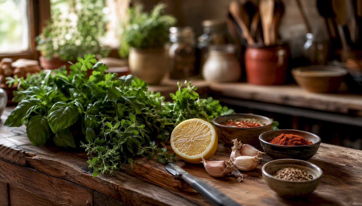 Fresh herbs, lemon, garlic and spices on rustic table
