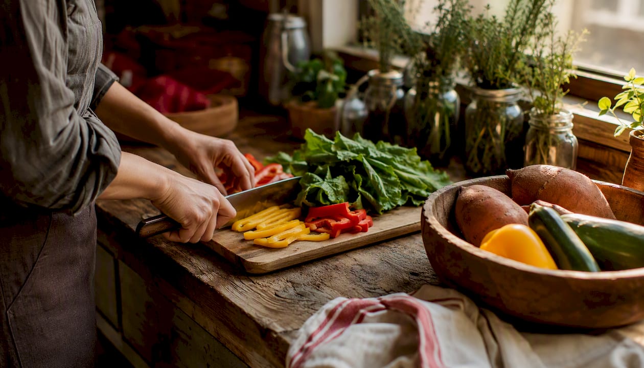 Hands rinsing no-salt-added canned beans in rustic kitchen
