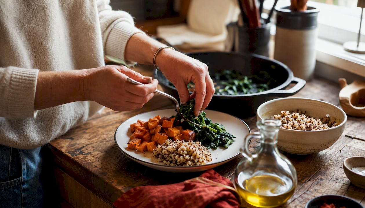 Hands preparing thyroid-friendly meal in rustic kitchen