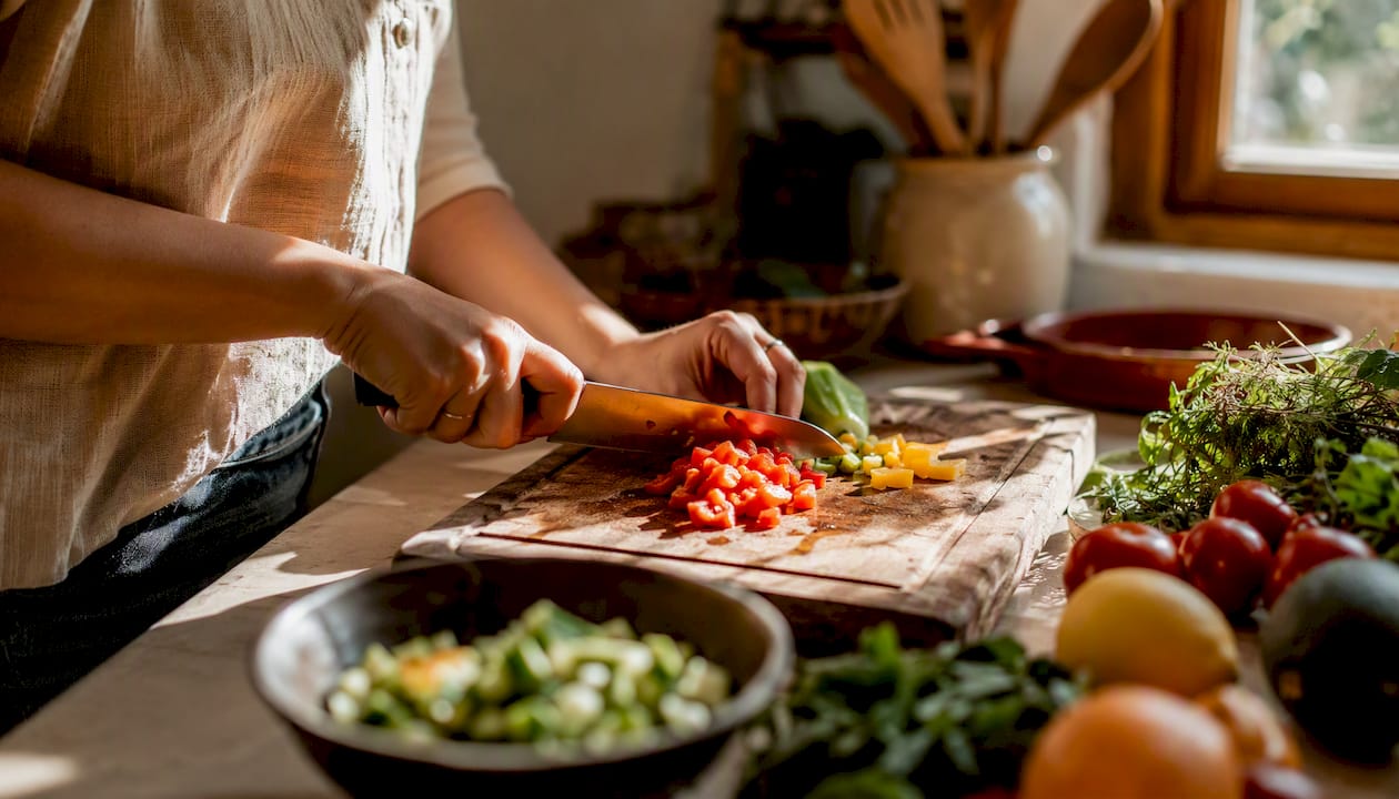 Hands chopping vegetables in rustic kitchen