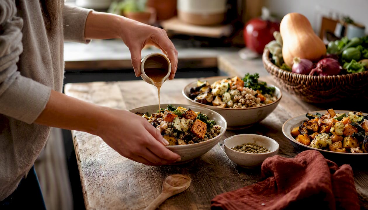 Repeated simple meals on rustic table with hands plating