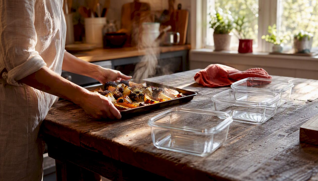 Hands cooling roasted vegetables before storing