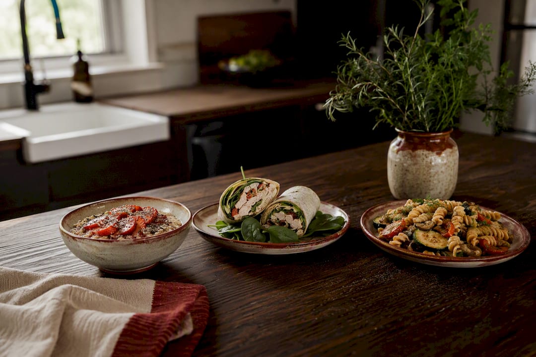 Sample macro split meals on wooden table