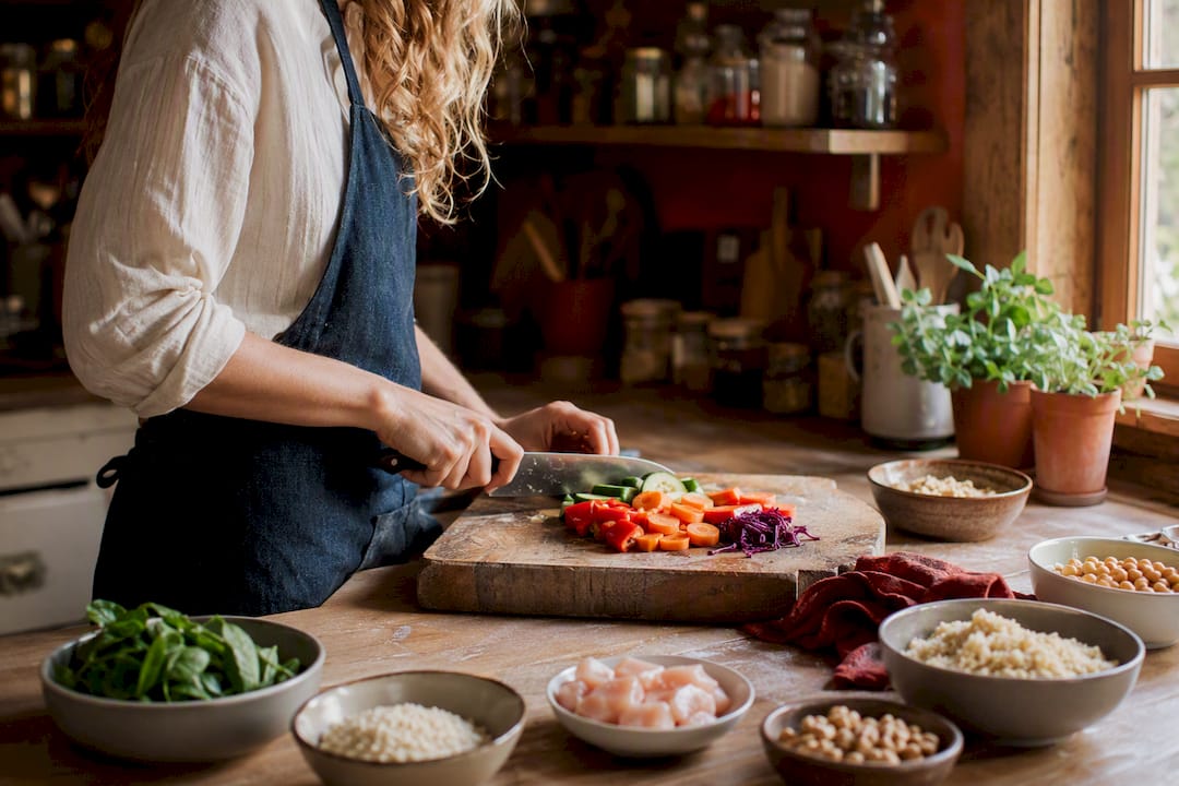Hands chopping vegetables for macro meal prep