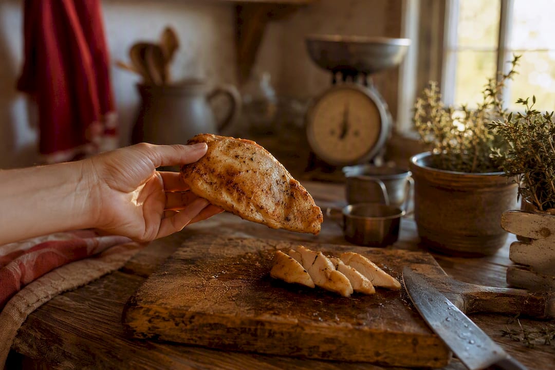 Hand estimating cooked chicken breast portion