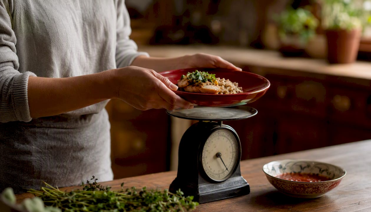 Hands weighing cooked meal portion