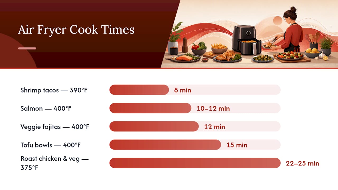 Chart comparing air fryer temps and times per dish