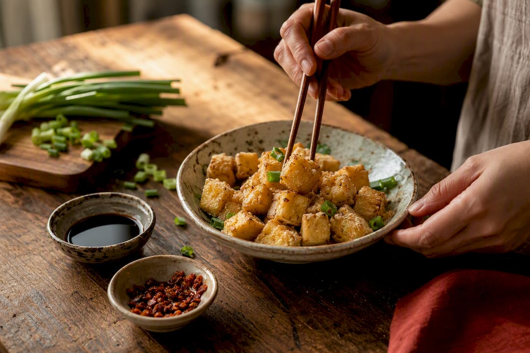 Golden crispy air fryer tofu cubes in bowl