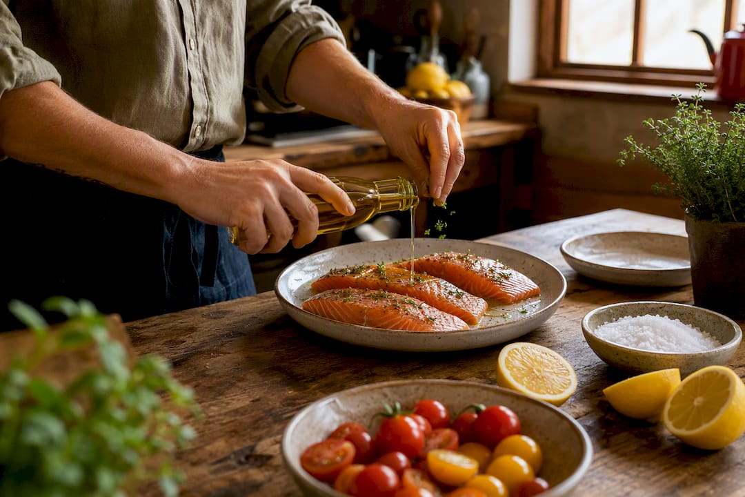 Hands brushing olive oil on salmon fillets