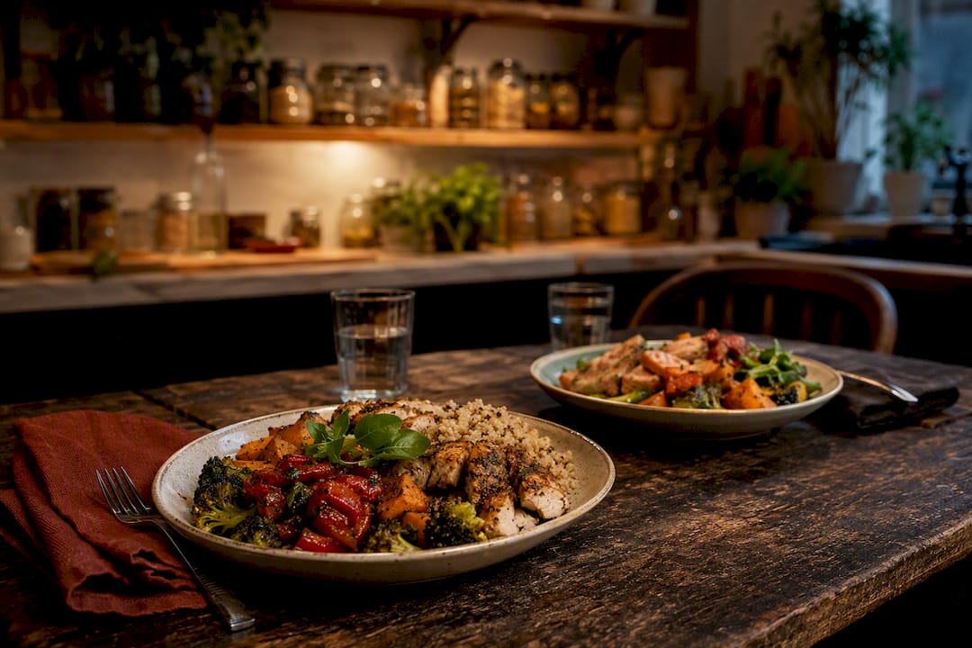 Two varied plated meals on wooden table