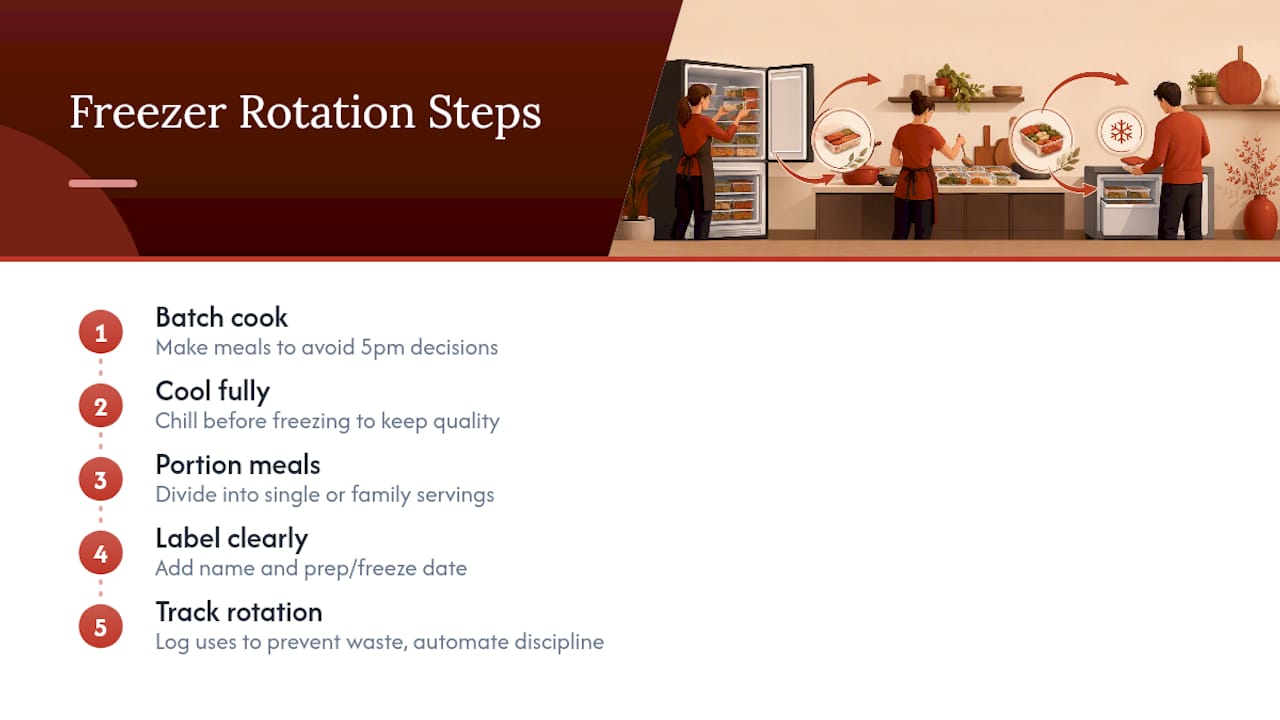 Diagram of freezer meal rotation system steps and benefits