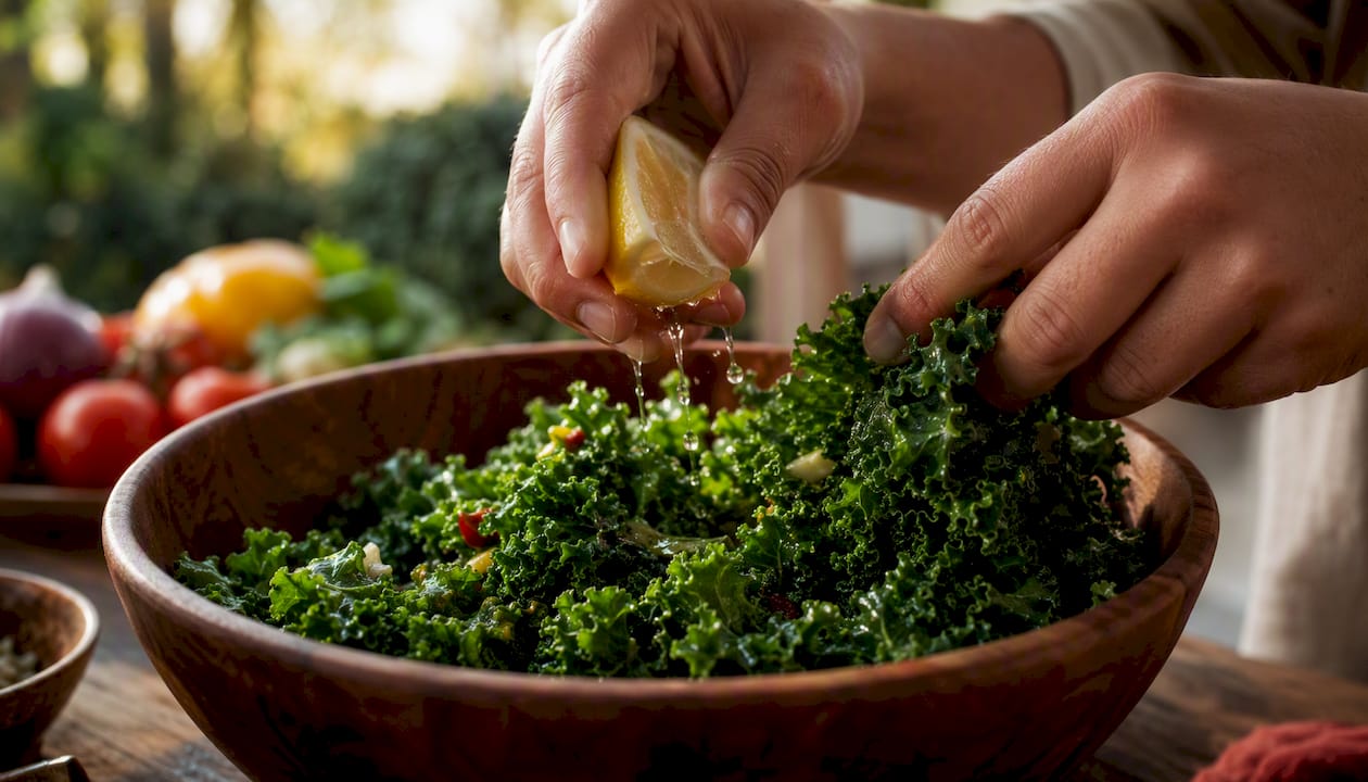 Hands preparing fresh kale salad with lemon dressing