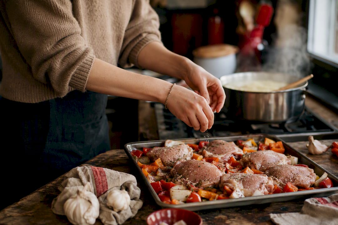 Hands seasoning chicken and boiling pasta