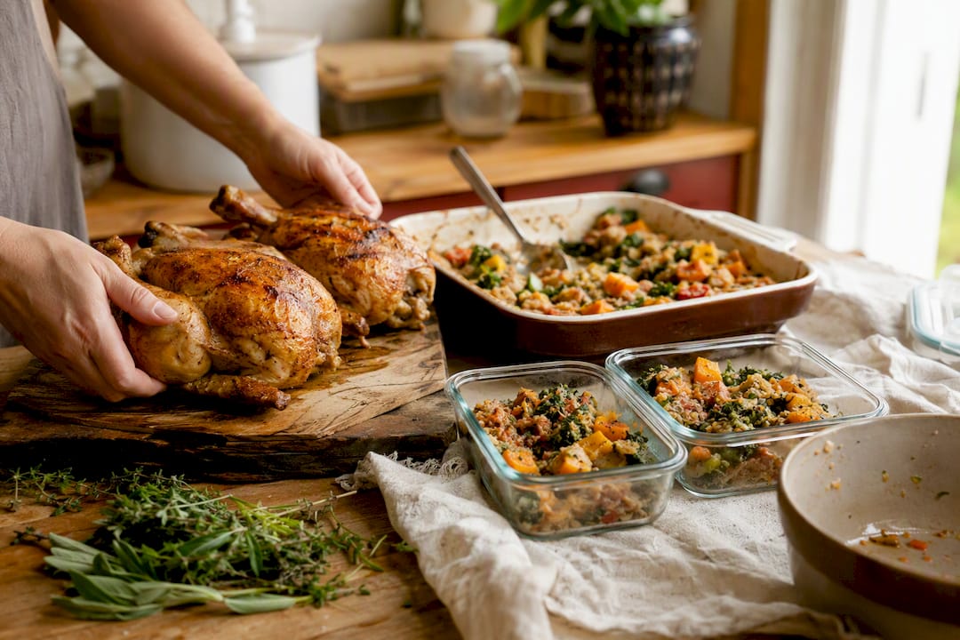 Hands packing batch cooked meals into containers