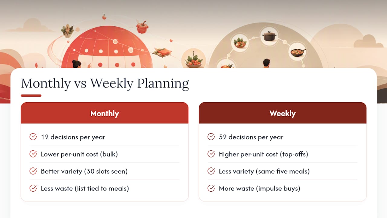 Comparison diagram of monthly and weekly meal planning benefits
