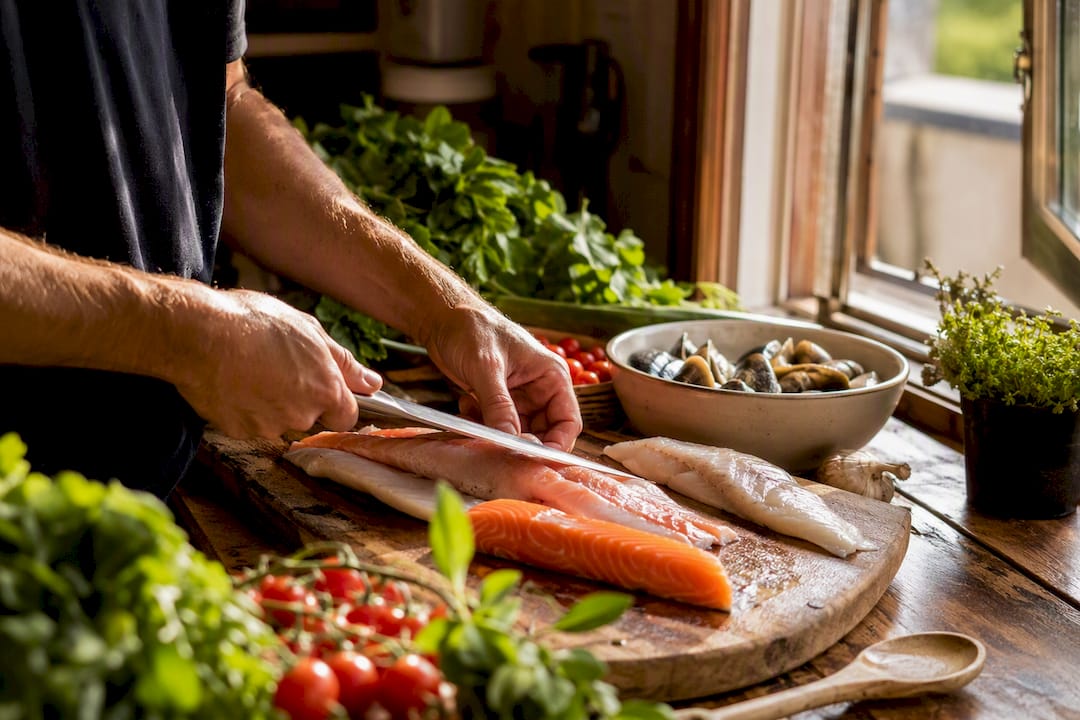 Hands prepping fresh seafood and vegetables
