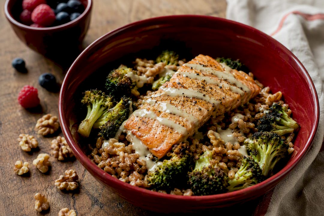 Sheet-pan salmon grain bowl meal