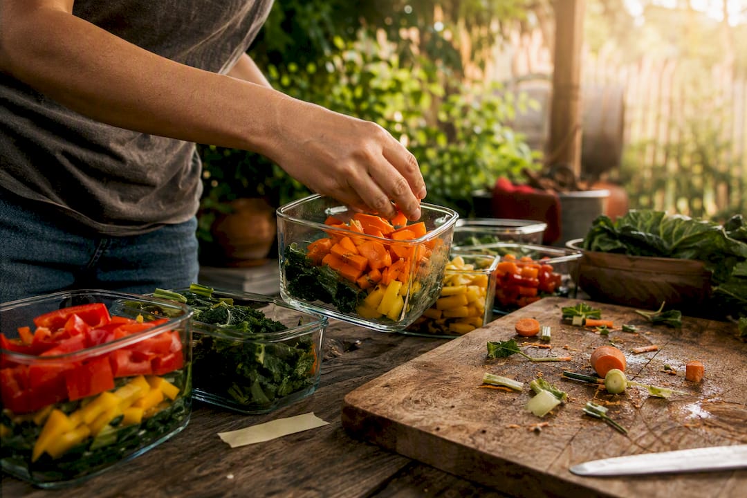 Hands packing vegetables into containers for batch cooking