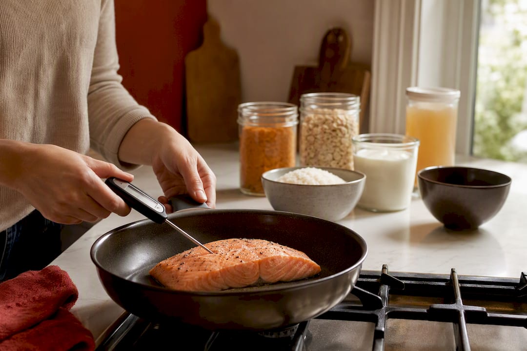 Cook checking protein temperature with thermometer