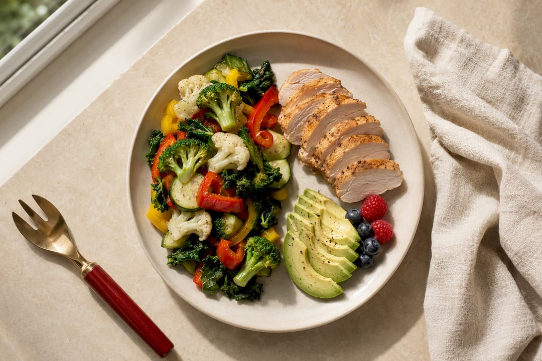 Low-carb plate with vegetables protein and fat