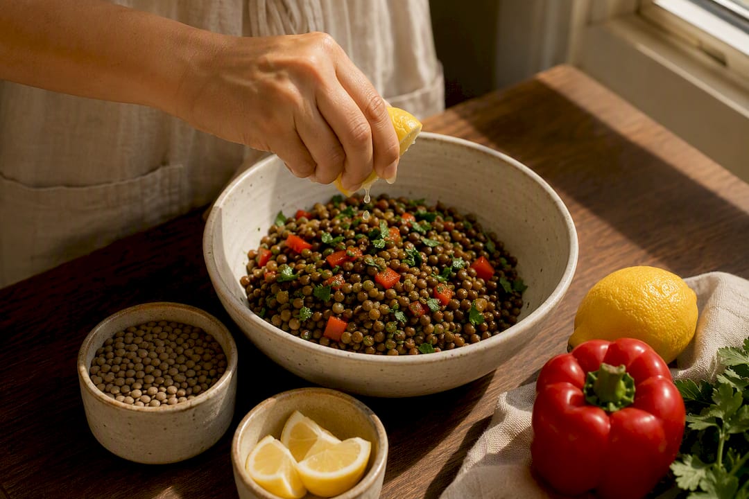Fresh lemon squeezed over lentils