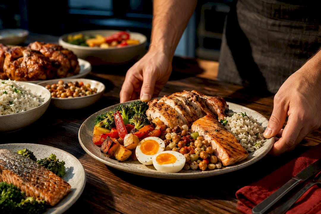 Home-cooked muscle gain meal spread