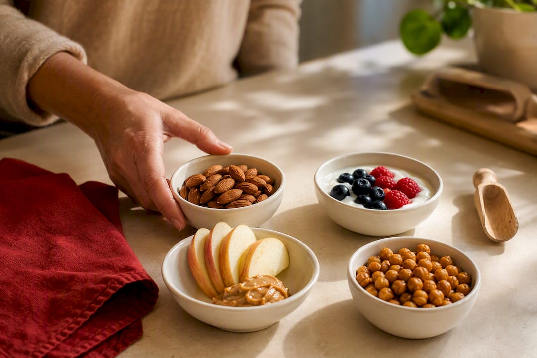 Healthy snack options portioned in ceramic dishes