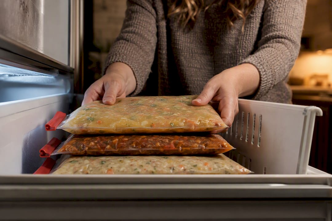 Flat soup bags stacked in freezer drawer