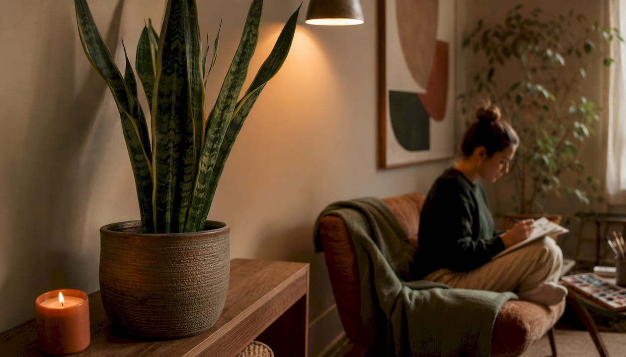 Gemütliche Sitzecke im modernen Wohnzimmer mit einem Bogenhanf und einem entspannt lesenden Mann.