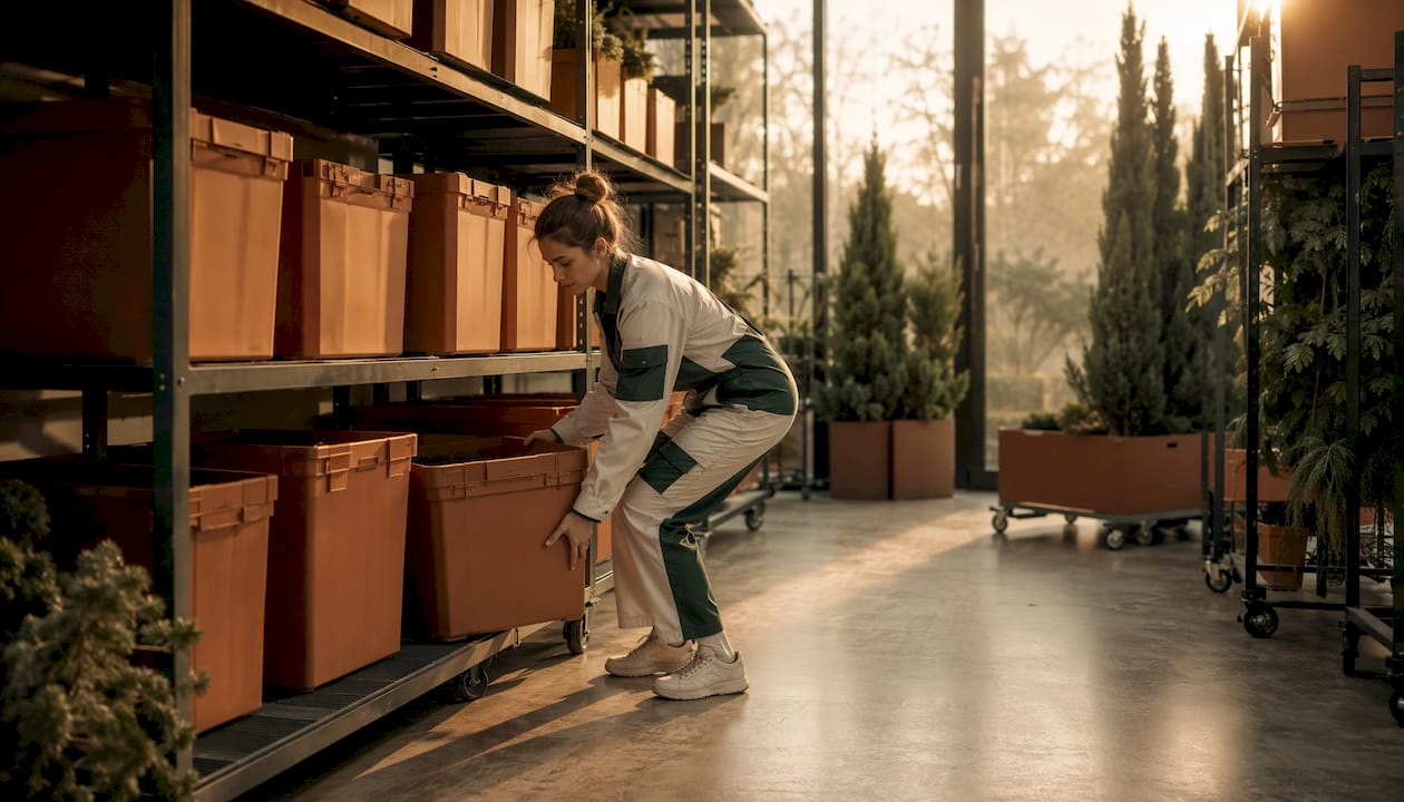 Im Lager bereitet ein Mitarbeiter aus der Logistik künstliche Bäume für den Versand vor.