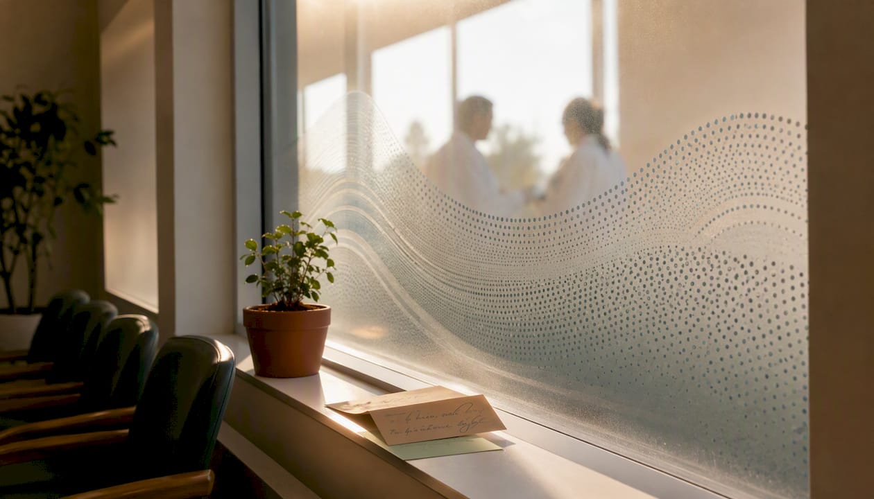 Das Praxisfenster ist mit einer dekorativen Milchglasfolie versehen, die ein ansprechendes Muster zeigt.
