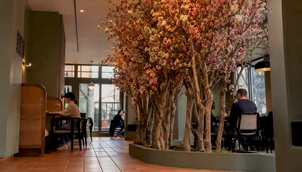 Im Restaurant sorgt ein Raumteiler in Form eines künstlichen, mehrstämmigen Blütenbaums für eine stimmungsvolle Atmosphäre.