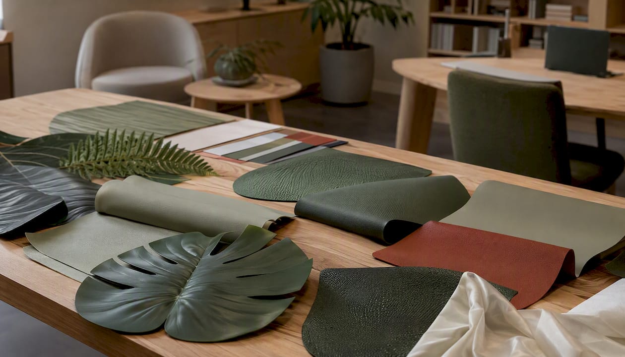 Detailaufnahme von künstlichen Blättern aus PE, PVC und Textilmaterialien.