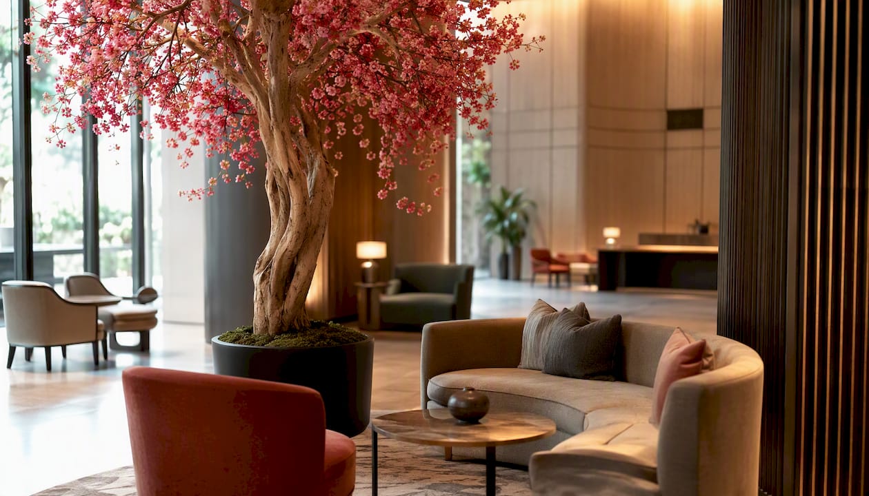 Im Eingangsbereich des Hotels sorgt ein großzügig gestalteter künstlicher Baumstamm mit integrierter Beleuchtung für eine besondere Atmosphäre.