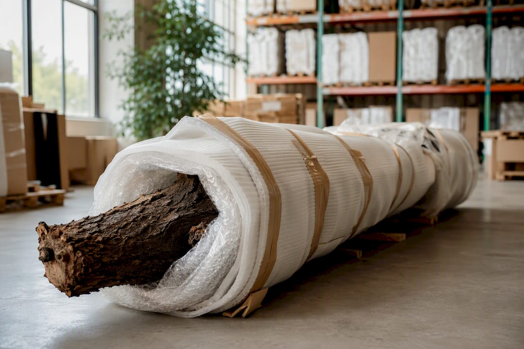 Im Lager steht der künstliche Baum bereits fertig verpackt und ist bereit für den Versand.