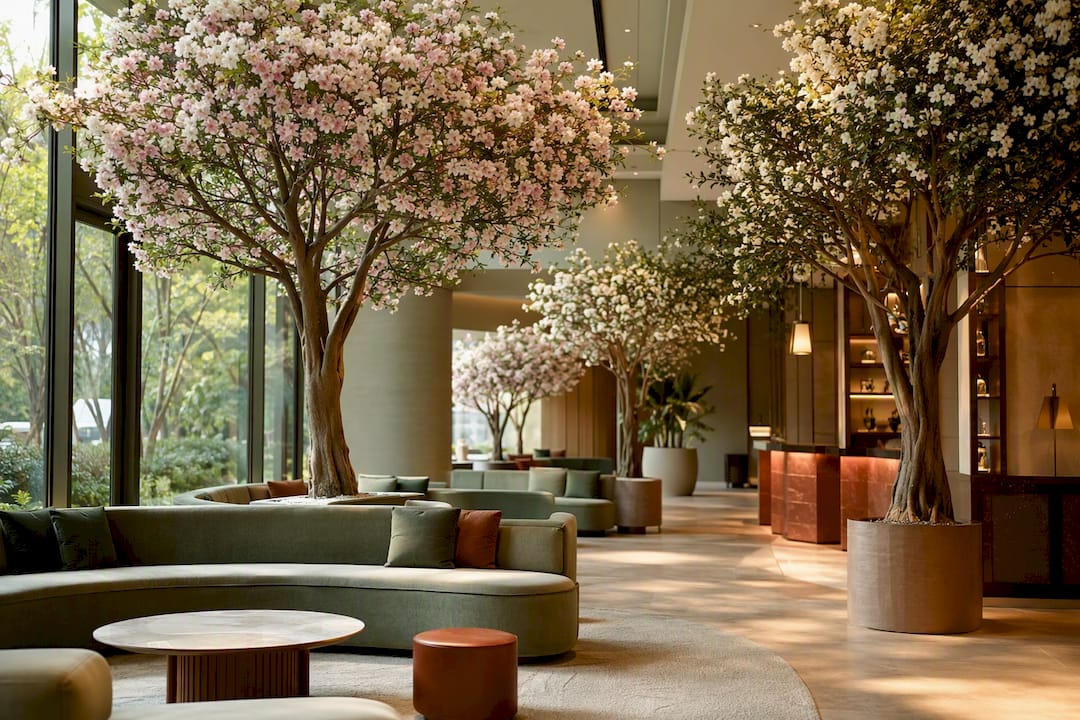 Lobby eines Boutique-Hotels mit künstlichen Azaleenholz-Bäumen