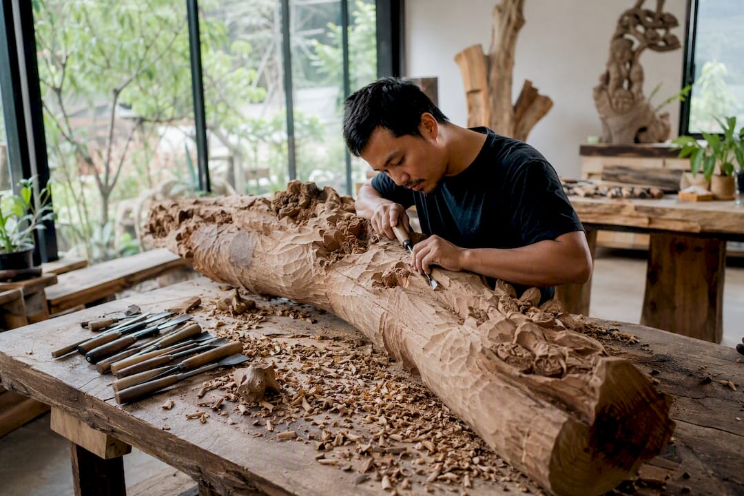 Handgeschnitzte Holzbaum-Skulptur in der Werkstatt