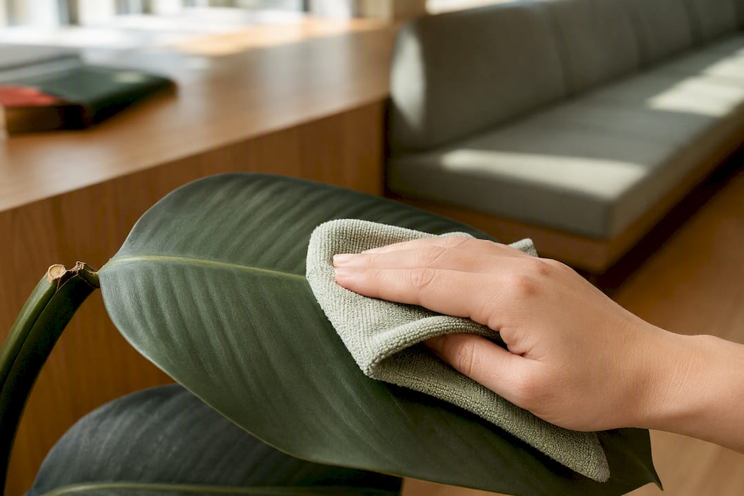 Hand wischt künstliches Blatt mit Mikrofasertuch ab