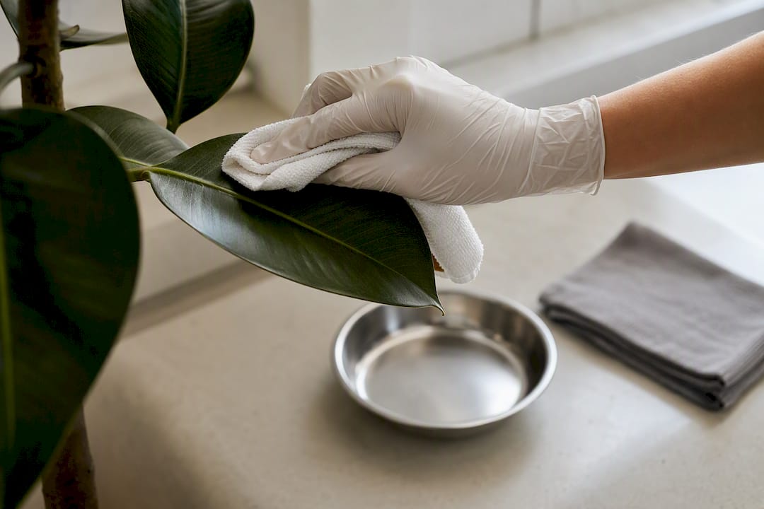 Hand wischt künstliche Blätter hygienisch ab